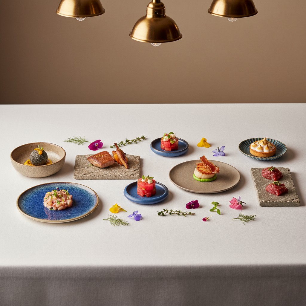 An assortment of gourmet appetizers are artfully arranged on a crisp white table.