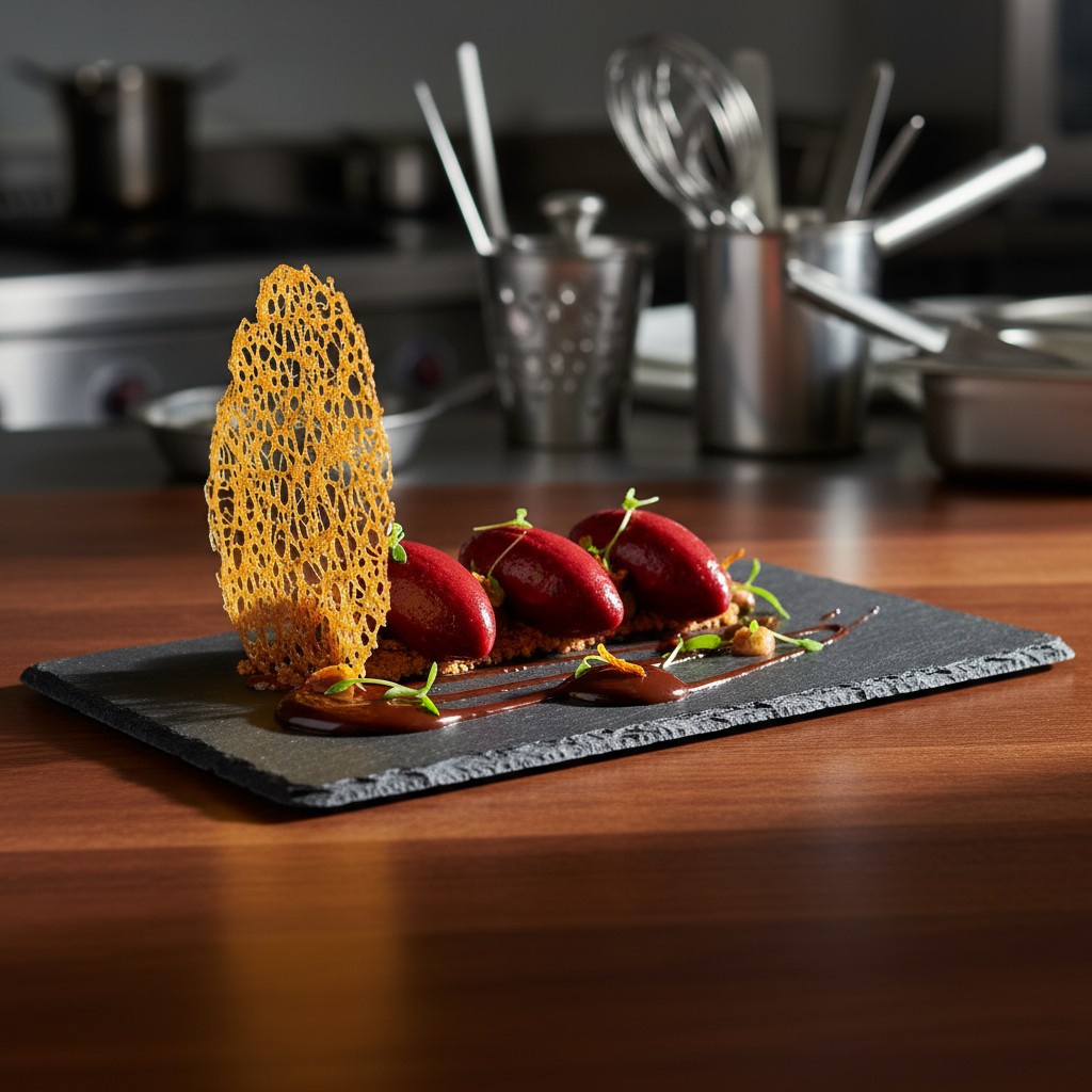 Trio of red spheres on a crust, garnished with a lacy decoration and microgreens on a black slate on a woodtable, behind a...