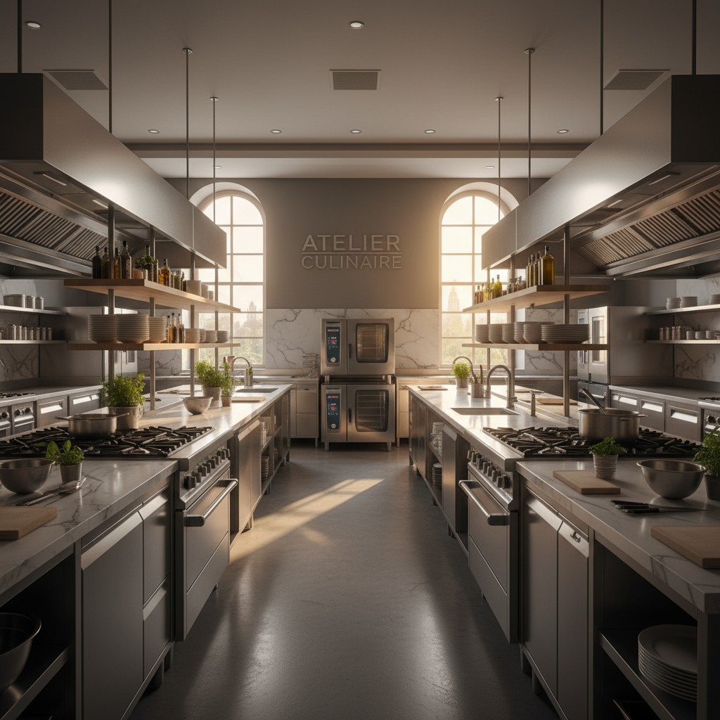 A modern commercial kitchen with stainless steel appliances and granite countertops.